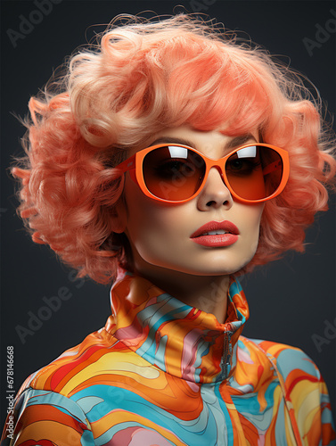 Fashion portrait of a beautiful cheerful sexy woman in stylish summer sunglasses with fashionable wavy curly pink hair in bright clothes,Close-up of a woman's face.