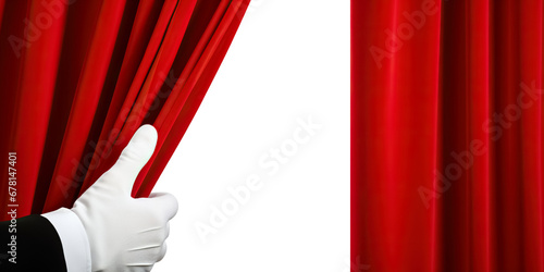 Close-up of hand in a white glove pulling  red curtain away, transparent background, png. hand open red velvet curtain to stage