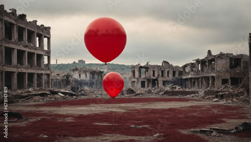 Red balloon floating among ruins of city, desolated and torn apart by war. Chaos, disaster and post war scenery concept. War victims idea. With copy space.