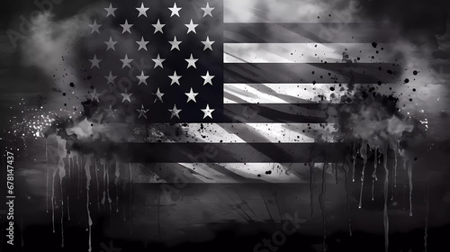 A black and white american flag with stars on it's side and a grungy background with a faded edge