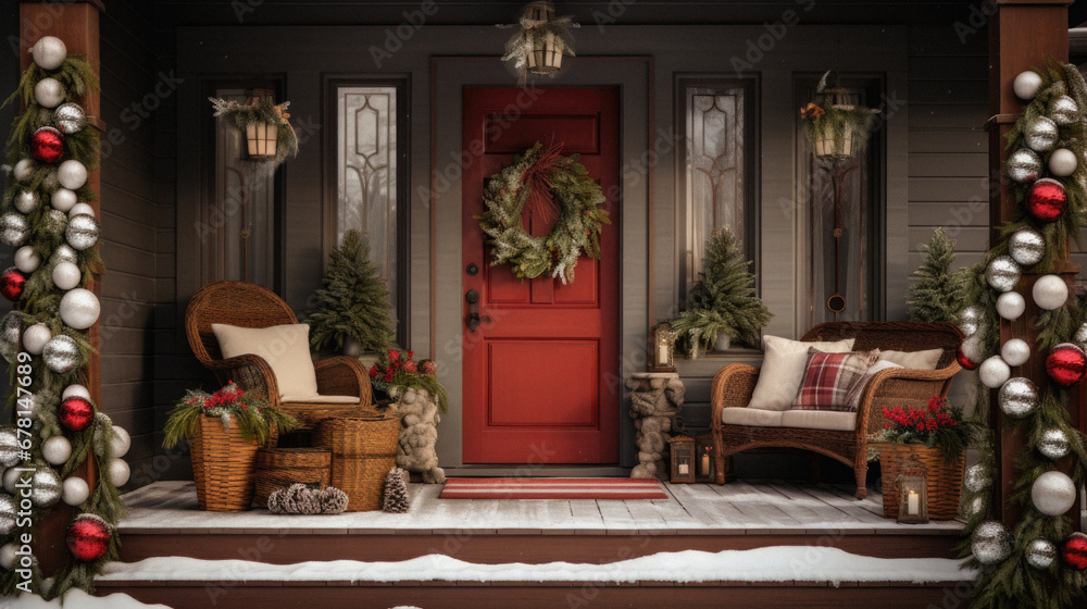 Of a front porch of a house decorated for Christmas.