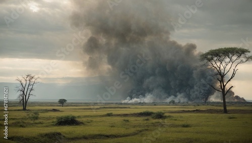 War's and environmental pollution impact on nature. A thriving ecosystem versus a devastated landscape, highlighting the consequences of conflict and pollution on nature. With copy space.