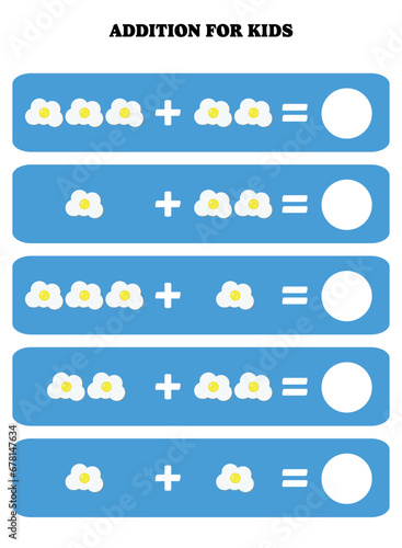 Addition page for kids. Educational math game for children with fried egg. Printable worksheet design. Learning mathematic.