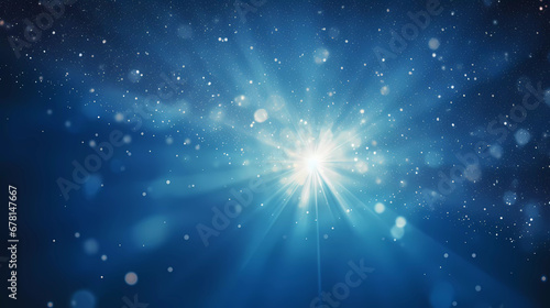 A bright light shines brightly on a blue background with stars and sparkles in the sky