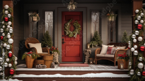 Of a front porch of a house decorated for Christmas.