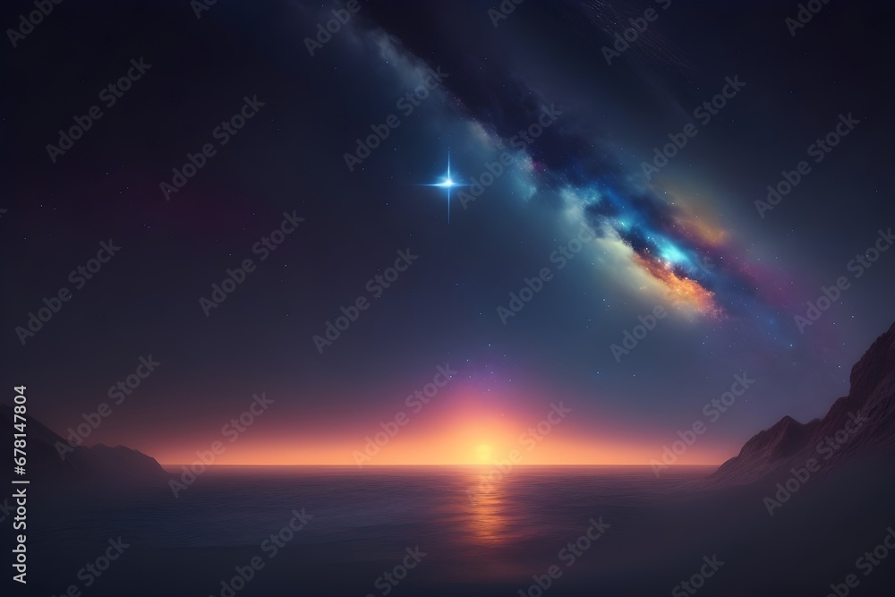 Sunset Surreal Fantasy Landscape in an Alien Planet Space Game Background. Galaxy in Dark Starry Night Sky with a Tranquil Mountain and Lake in Dark Colorful Universe.
