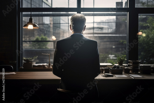 Rear view shot of a mature businessman looking through a window in an office, aesthetic look