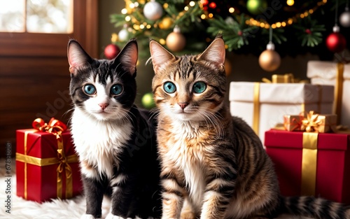 Cozy Christmas Comforts A Charming Scene with Cats and Festive Warmth ai generated