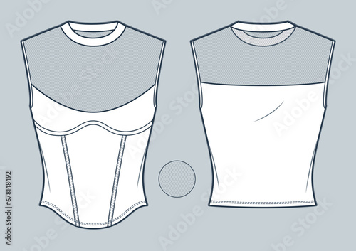 Mesh Top fashion flat flat technical drawing template. Tee Shirt technical fashion Illustration, slim fit, transparent mesh, front and back view, white, girls, womens Top CAD mockup.