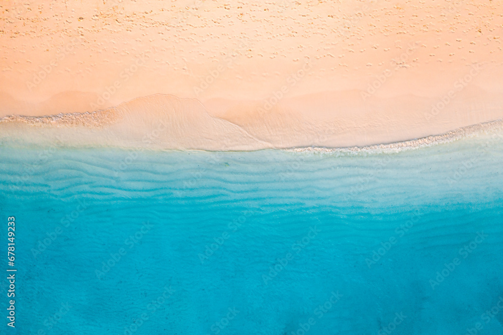 Relaxing aerial beach scene. Summer vacation holiday landscape banner. Waves surf crash amazing blue ocean lagoon, sea shore, coastline. Perfect aerial drone top view. Peaceful bright beach, seaside