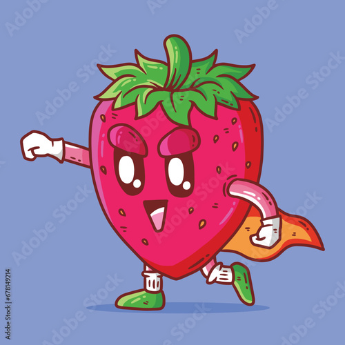 Cute happy Strawberry fruit in superhero pose mascot character vector cartoon illustration. Strawberry Vector cartoon illustration