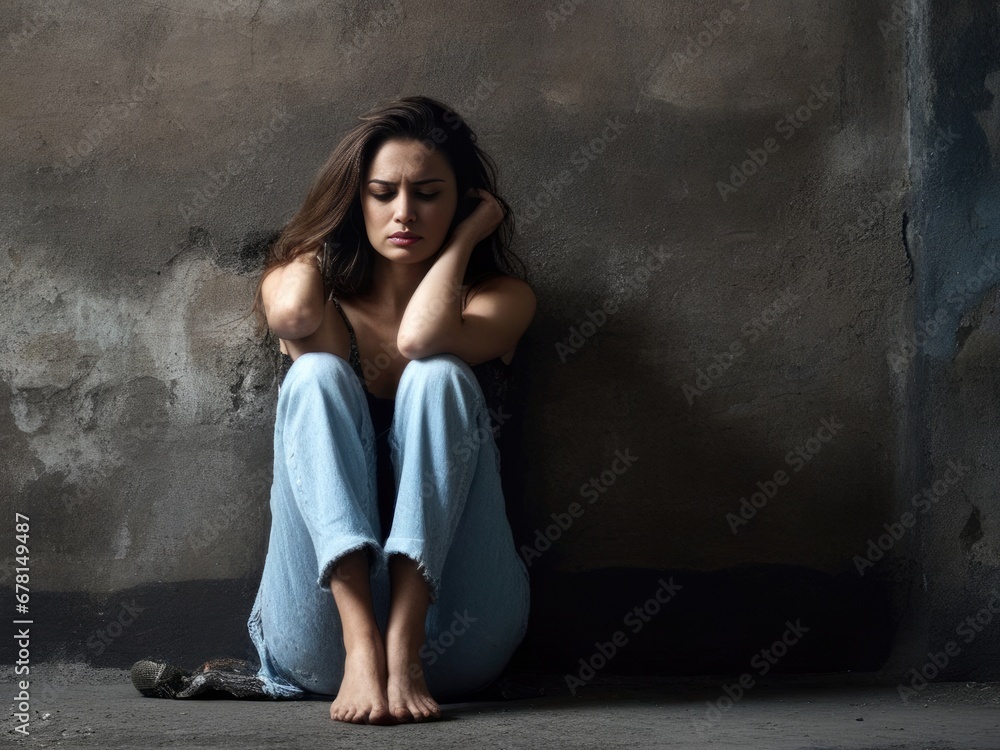 Sad woman in torn clothes after sexual assault sitting on the ground near the wall - obrazy, fototapety, plakaty 