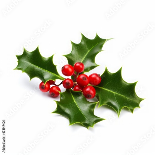 Close up of Christmas ilex holly with red berries decoration isolated on white background.