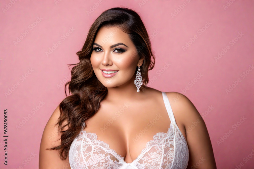 Happy sexy plus size fashion model in a white lace bra, beautiful fat woman with makeup and hairstyle in lingerie on pink background, body positive concept - obrazy, fototapety, plakaty 