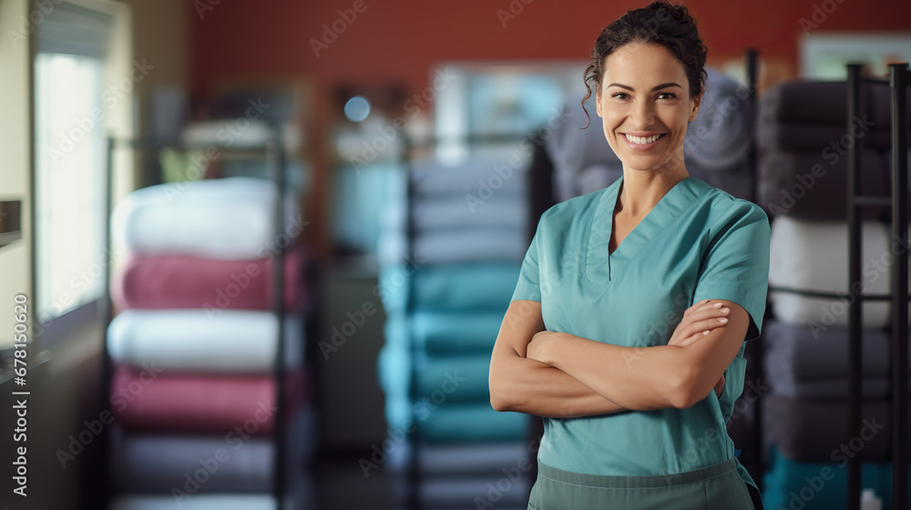 Obraz premium Laundry Service Portrait woman mid age standing with arms cross Washing drying and ironing service 