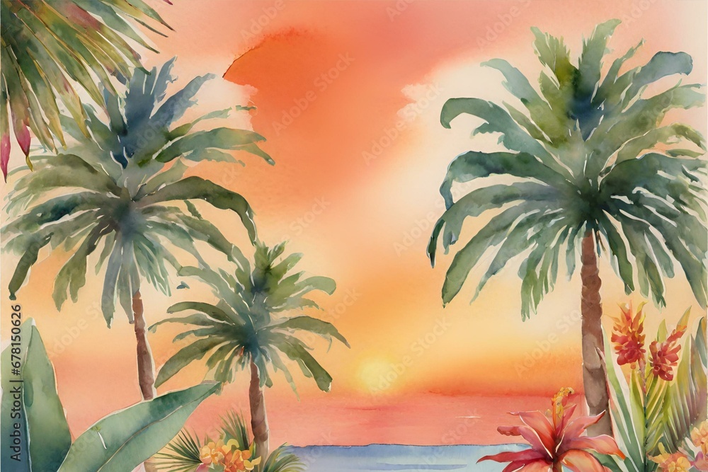 watercolor tropical beach sunset, watercolor tropical island, watercolor sunset wallpaper