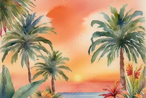 watercolor tropical beach sunset  watercolor tropical island  watercolor sunset wallpaper