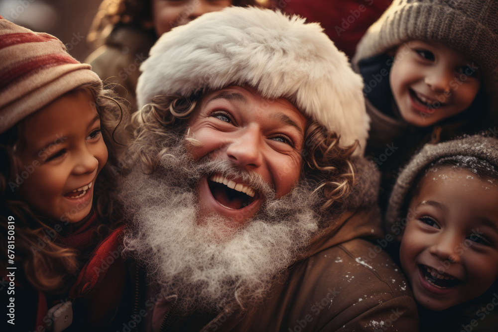 A playful and whimsical Santa Claus posing with a group of joyful children. Santa's rosy cheeks and the children's laughter convey the joy of the holiday season.