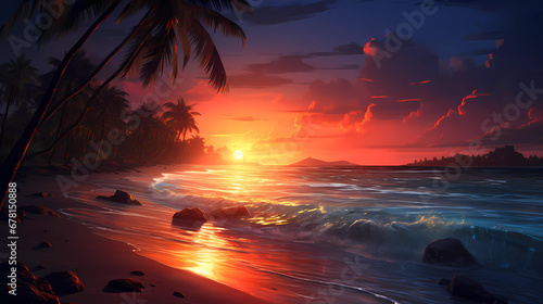 A painting of a beach with palm trees and a sunset in the background with a blue sky and water