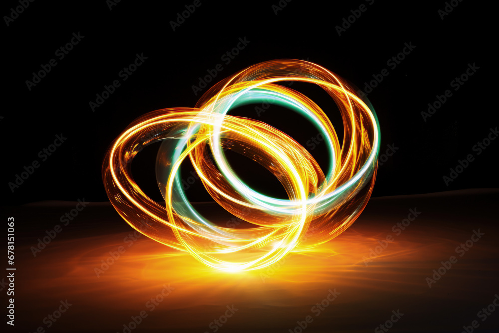 Long-exposure shot of illuminated poi spinning isolated on a white background Long-exposure shot of illuminated poi spinning isolated on a white background