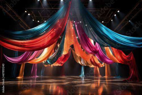 Breathtaking aerial silk display encircled by a carnival of colorful circus props  photo