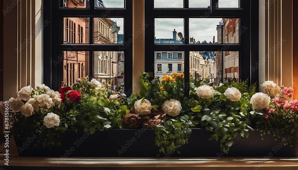 Window boxes are packed with flowers. A close-up of lush perennials in window boxes that are adorned with city buildings