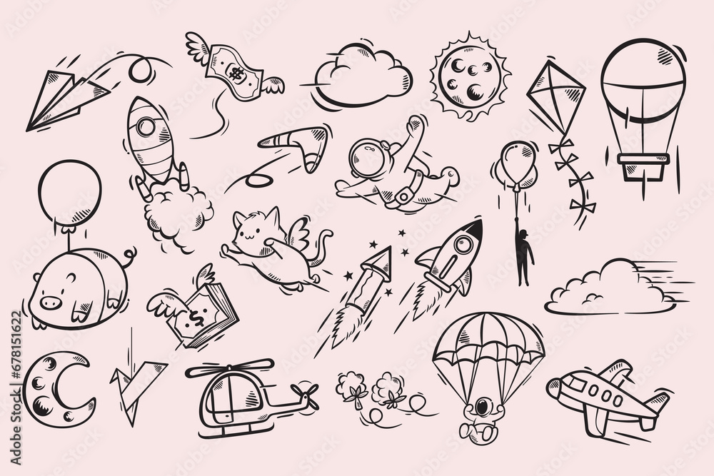Various handdrawn objects that can fly. Fly away and disappear from