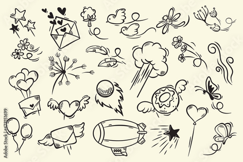 Various hand-drawn objects that can fly. Fly away and disappear from life. Outline, line art. Vector illustration.