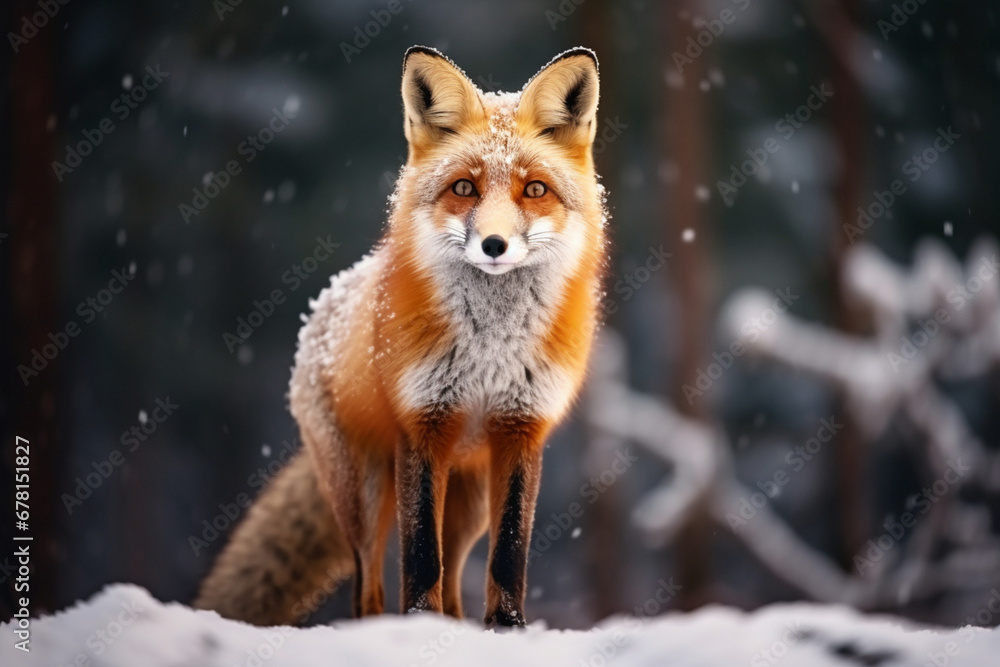 Red fox Vulpes vulpes on winter forest meadow in snowfall, Orange fur coat animal hunting in snow, Fox in winter nature, soft light photography Red fox Vulpes vulpes on winter forest meadow in snowfall, Orange fur coat animal hunting in snow, Fox in winter nature, soft light photography