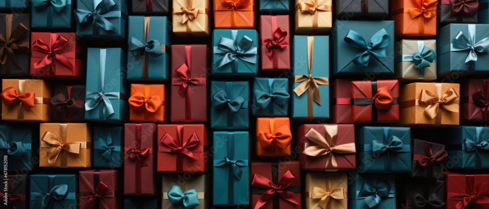 Gift boxes with bows on a dark background. Gift boxes with bows on a dark background.
