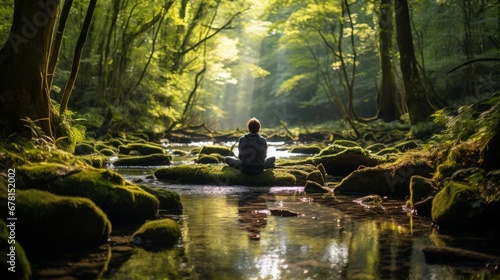 A young man meditating on a stone on top of a river in the forest