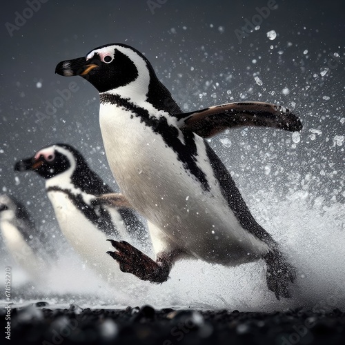 penguin on the  water snowy background