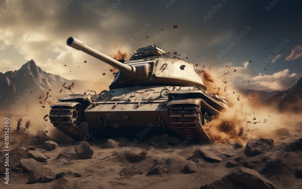 Battlefield actions, different military warships gunfire. Fighter jets attacks a tank as a defense mission. Explosion and destructions caused by war. Army battle, artillery weapons force conflict.