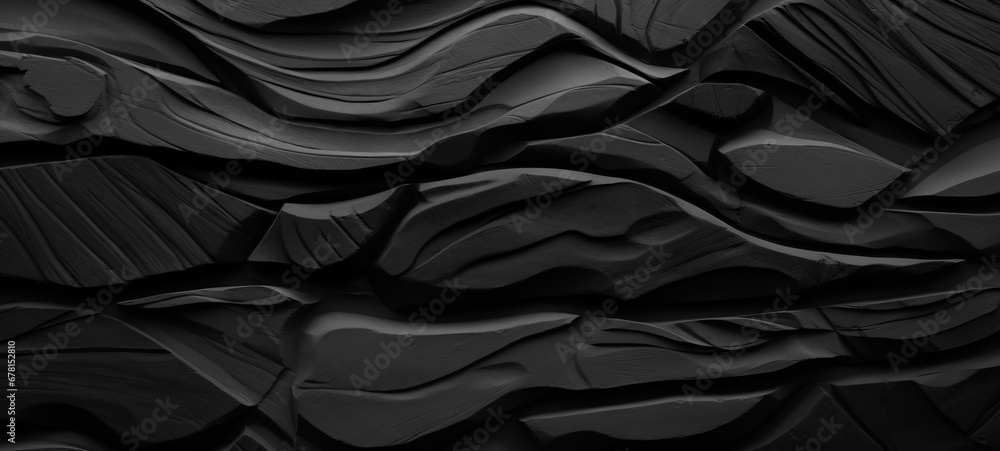 Wood carved art background  - Abstract closeup of detailed organic dark black anthracite gray wooden waving waves wall texture banner wall - obrazy, fototapety, plakaty 
