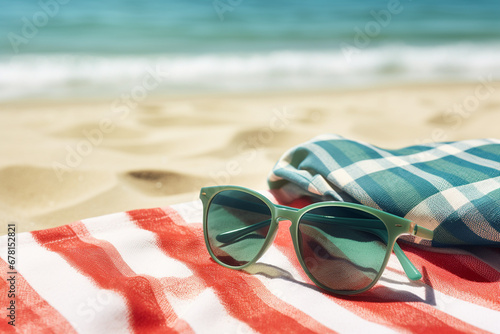 Red sunglasses on green and blue striped towel on sunny sand beach by the sea, copy space, aesthetic look