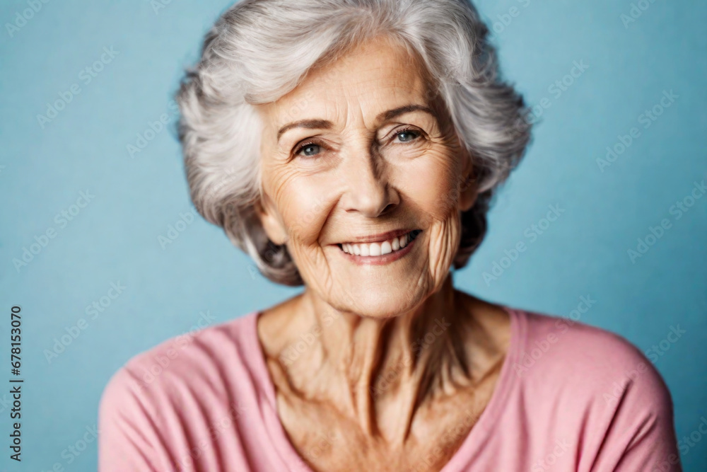 Happy beautiful elderly senior model with grey hair in a pink t-shirt on a blue background, portrait of beauty mature old woman with hairstyle and makeup, healthy face skin with wrinkles, dental care Happy beautiful elderly senior model with grey hair in a pink t-shirt on a blue background, portrait of beauty mature old woman with hairstyle and makeup, healthy face skin with wrinkles, dental care