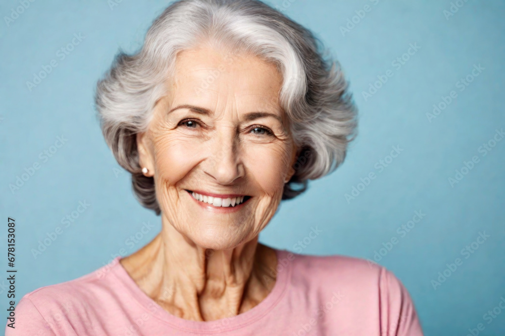 Happy beautiful elderly senior model with grey hair in a pink t-shirt on a blue background, portrait of beauty mature old woman with hairstyle and makeup, healthy face skin with wrinkles, dental care Happy beautiful elderly senior model with grey hair in a pink t-shirt on a blue background, portrait of beauty mature old woman with hairstyle and makeup, healthy face skin with wrinkles, dental care
