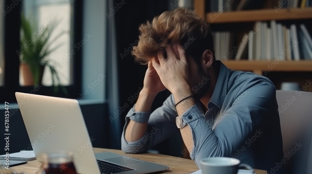 Tired man in the office at her laptop with a headache. Not feeling well. Stress at work Tired man in the office at her laptop with a headache. Not feeling well. Stress at work