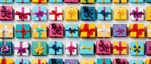 Colorful gift boxes with ribbons on a white background  top view.