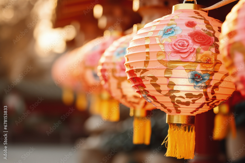 Colorful dragon-shaped lanterns at Lunar New Year festival background with empty space for text 