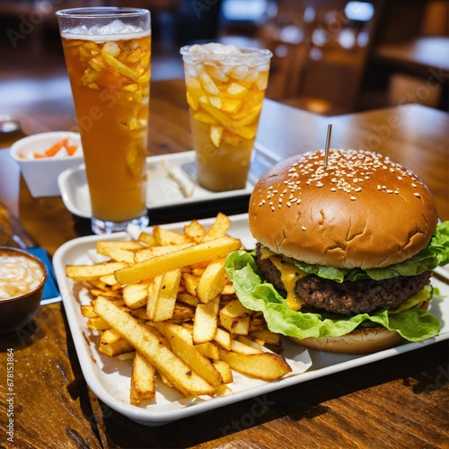 A photo of a takeout meal. The meal is a burger with fries and a drink. The food is well-presented and looks delicious.