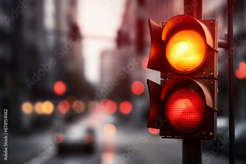Red Traffic light in downtown with clipping path and copy space, Urban traffic or modern city life concept