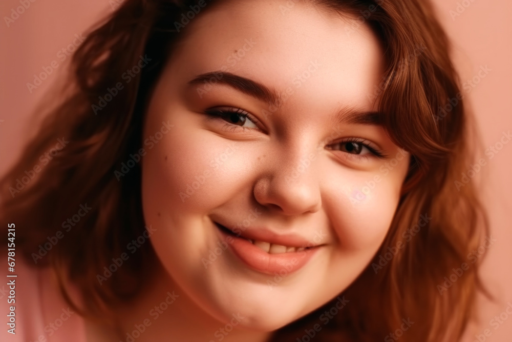 Fototapeta premium Happy beautiful young plus size model closeup portrait, fat girl with a chubby face on a pink background