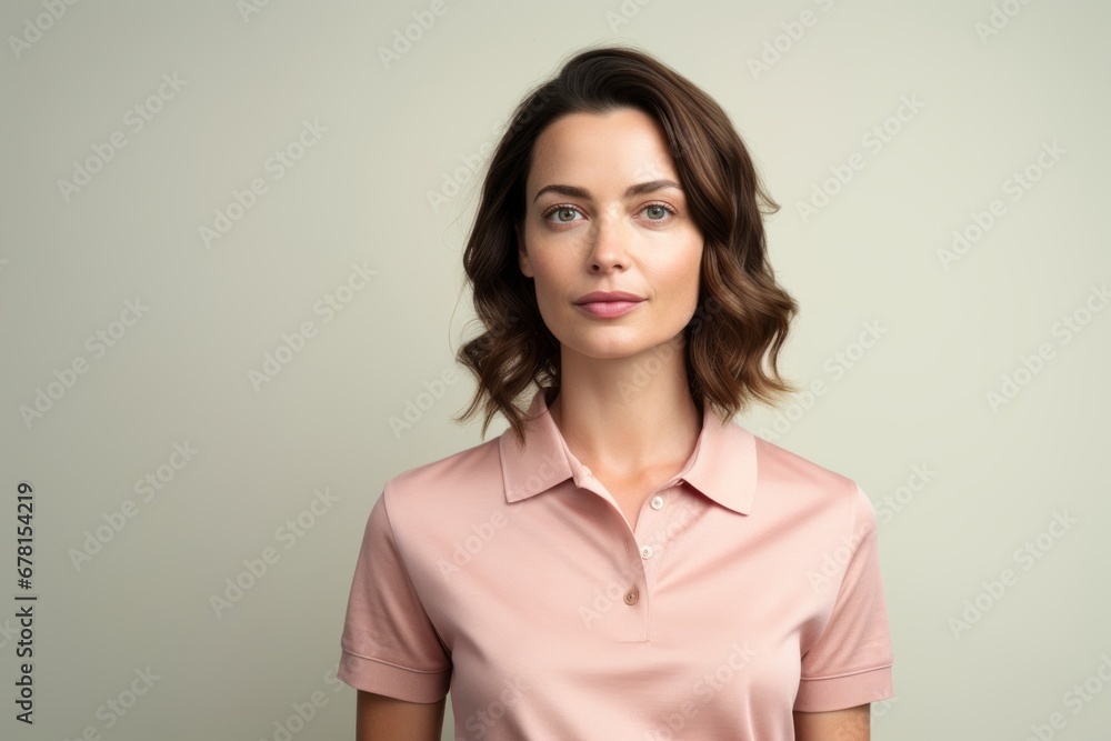 Portrait of a tender woman in her 30s donning a classy polo shirt against a white background. AI Generation Portrait of a tender woman in her 30s donning a classy polo shirt against a white background. AI Generation