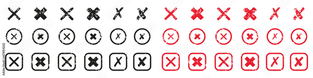 Cross Shape Icons Set. Black and Red Grunge Mark In Box And Circle Pictogram. X Symbol Collection. Delete, Cancel, Reject, Ban Sign. Wrong Rubber Stamp. Isolated Vector Illustration Cross Shape Icons Set. Black and Red Grunge Mark In Box And Circle Pictogram. X Symbol Collection. Delete, Cancel, Reject, Ban Sign. Wrong Rubber Stamp. Isolated Vector Illustration