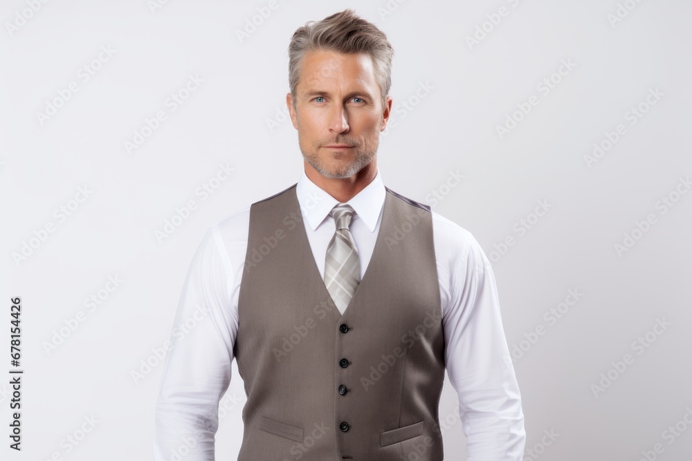 Portrait of a content man in his 40s dressed in a polished vest against a white background. AI Generation Portrait of a content man in his 40s dressed in a polished vest against a white background. AI Generation