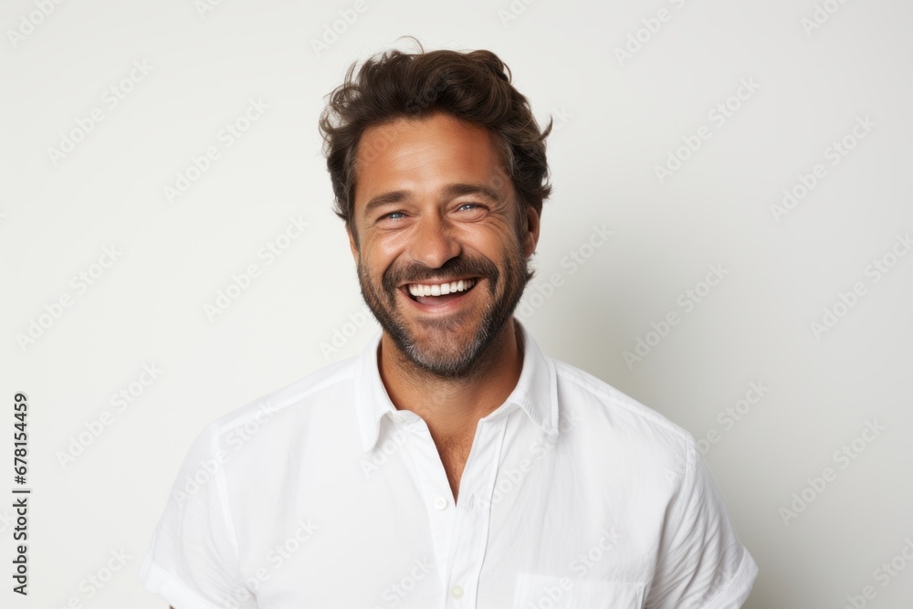 Portrait of a joyful man in his 40s wearing a simple cotton shirt against a white background. AI Generation Portrait of a joyful man in his 40s wearing a simple cotton shirt against a white background. AI Generation