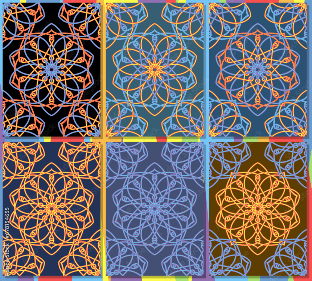 Color wire arabesque mandala interlaced Set of seamless pattern. Vector collection.