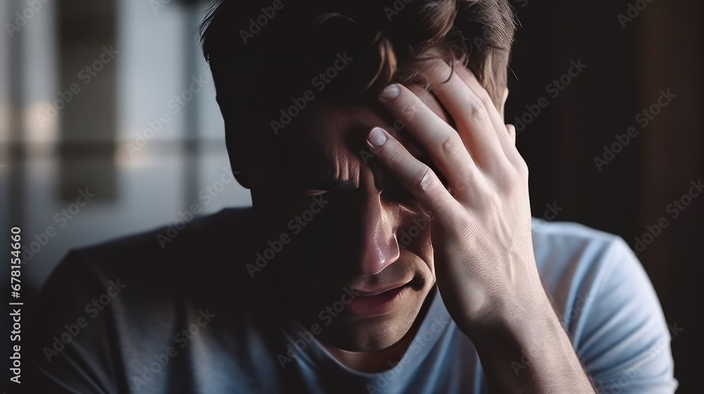 Young male holding his head in dark background. Headache and tiredness. Depressive state. Poor health and symptoms of a cold Young male holding his head in dark background. Headache and tiredness. Depressive state. Poor health and symptoms of a cold
