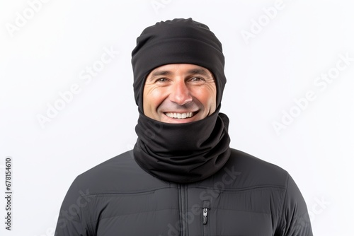 Portrait of a smiling man in his 40s wearing a protective neck gaiter against a white background. AI Generation photo